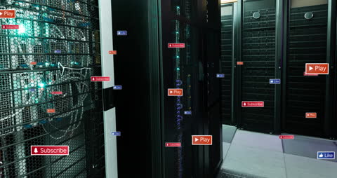 Social Media Icons Floating in Futuristic Server Room