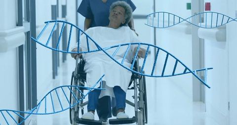 Nurse pushing elderly patient in wheelchair down hospital corridor with dna helix overlay