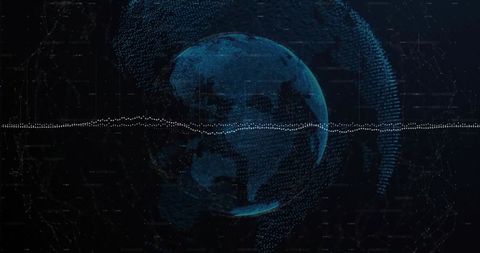 Rotating blue dotted globe pulsing with waveform and node network for data visualization