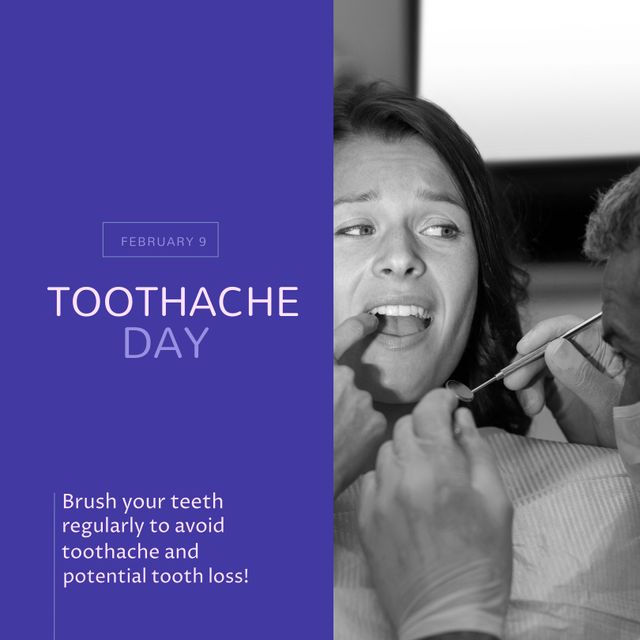 Perfect for promoting Toothache Day awareness, this depiction of a female patient receiving a dental checkup emphasizes the importance of maintaining oral hygiene. Ideal for dental clinics, healthcare campaigns, and awareness initiatives highlighting the preventive measures against toothache and potential tooth loss. Useful in educational materials and social media posts encouraging regular dental visits and proper oral care habits.