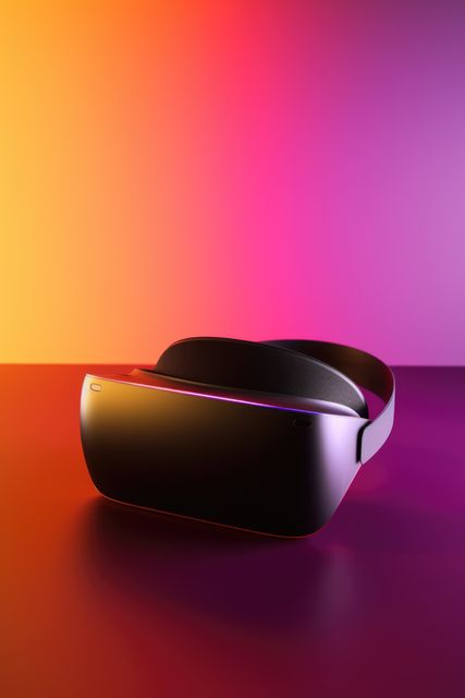 Black vr headset on colourful background with copy space, created using generative ai technology. Virtual reality and digital interface technology concept digitally generated image.