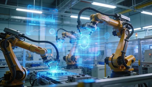 Operating industrial robotic arms assembling precision parts with holographic digital UI
