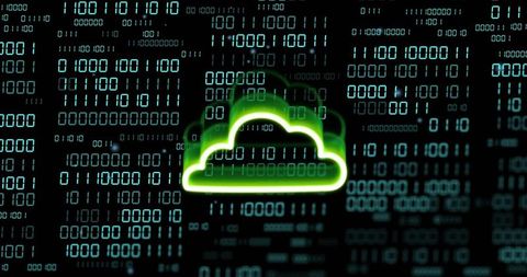 Neon green cloud glowing over binary code matrix, representing cloud computing security