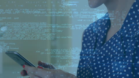 Woman Using Smartphone Surrounded by Digital Code Overlay