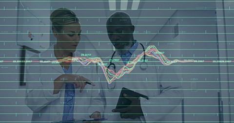 Doctors Analyzing Data in Hospital Corridor with Graph Overlay