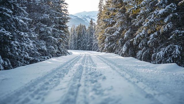 Winding snowy road cutting through evergreen forest toward sunlit mountain peaks