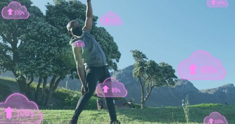 Senior African American Man Stretching Outdoors with Digital Interface Graphics