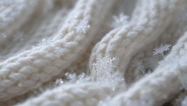 Macro snowflake crystals melting on cream cable knit wool sweater showing yarn texture