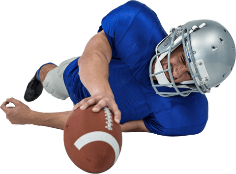American football player in blue uniform catching ball - transparent background