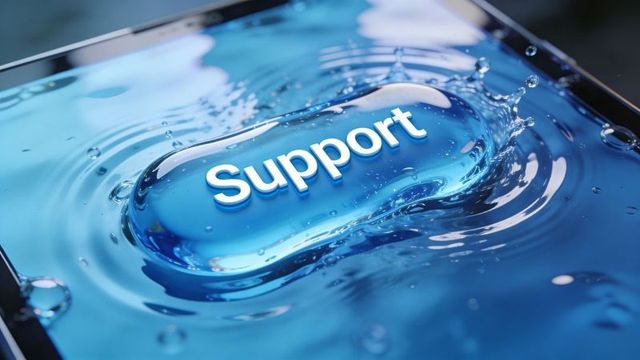 Support Button Floating in Water Droplet on Touchscreen, Liquid Tech Support Concept