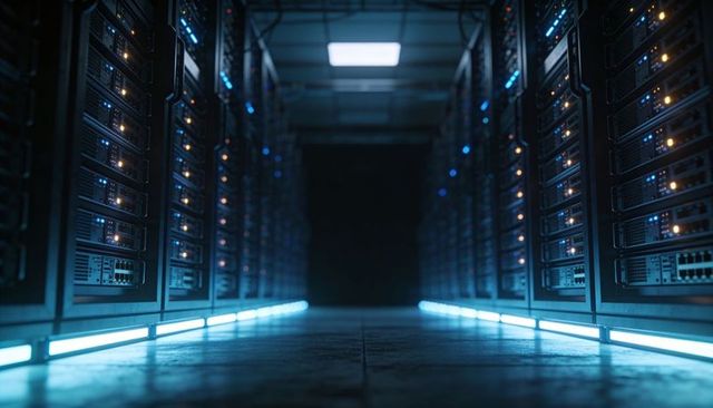Futuristic data center aisle featuring glowing led server racks and network switches