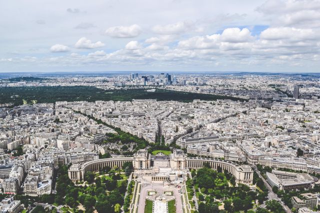 Aerial perspective of Paris featuring Trocadéro Gardens and iconic skyline. Works well for travel promotions, cityscapes, architectural studies, or French tourism materials.