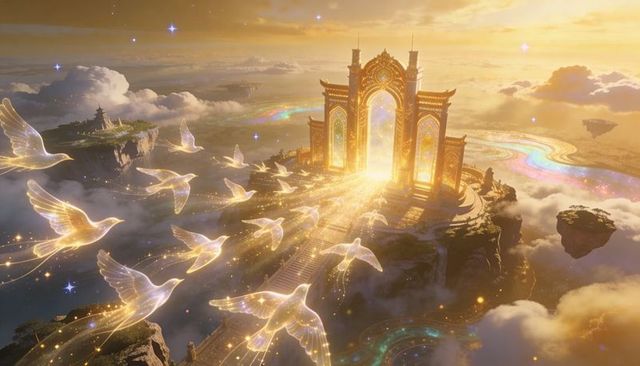 Golden celestial gateway radiating light on floating cliff with ethereal doves at sunrise