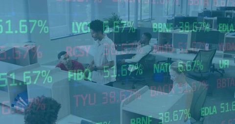 Collaboration in modern office with stock market display