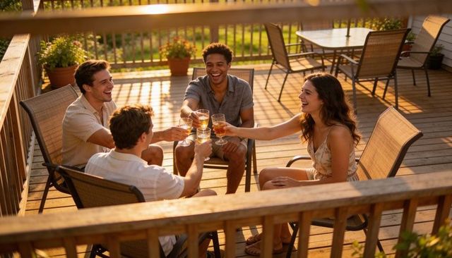 Friends toasting on sunlit backyard deck, casual summer gathering with drinks and laughter
