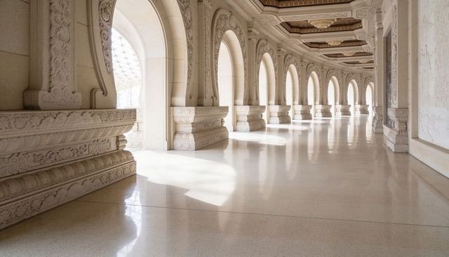 Ornate stone arched colonnade in grand gallery with polished terrazzo floor