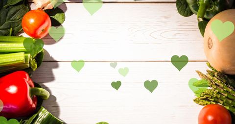 Fresh Vegetables on Wooden Table with Green Hearts Overlay - Download Free Stock Images Pikwizard.com