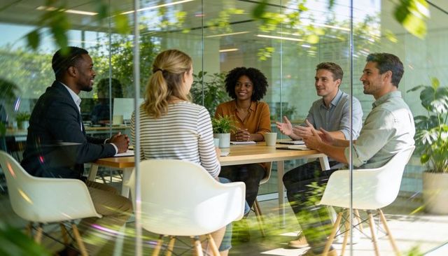 Business-casual team collaborating in glass conference room with laptop and natural light
