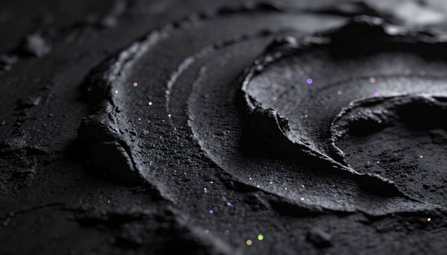 Black pigment smear creating ridged concentric texture with iridescent glitter flecks