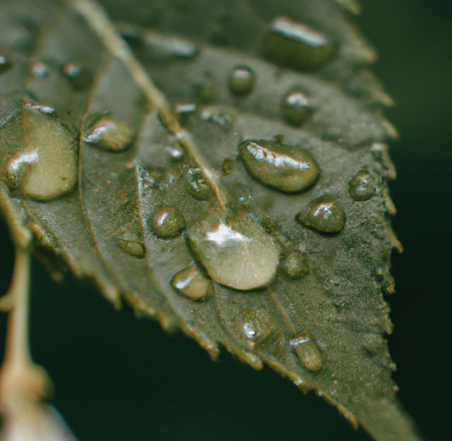 Image of close up of multiple rain drops on green leaf surface. Nature, rain, water and weather concept.