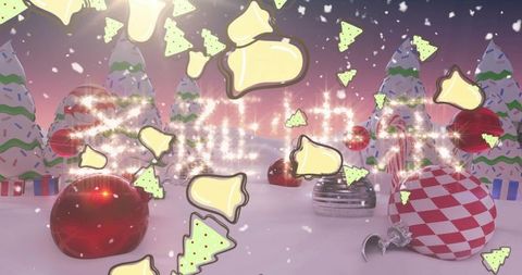Sparkling festive wonderland with icing trees, giant ornaments and floating cookies