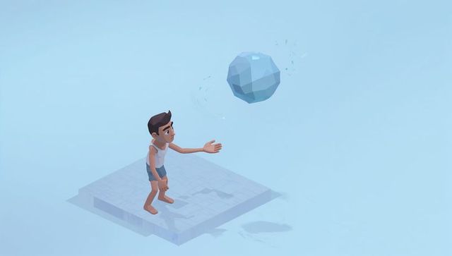 Reaching boy toward floating faceted orb on minimal tiled platform, low-poly surreal scene