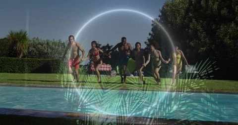 Multiracial friends running to backyard pool holding hands at sunny summer picnic