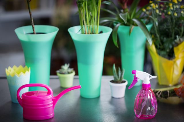 This image showcases a variety of gardening tools and plants arranged on a table in a florist shop. The bright pink watering can and spray bottle add a pop of color, while the green vases and small potted plants, including succulents, create a fresh and vibrant atmosphere. This image is perfect for use in gardening blogs, florist advertisements, and home decor websites to illustrate plant care and gardening tools.