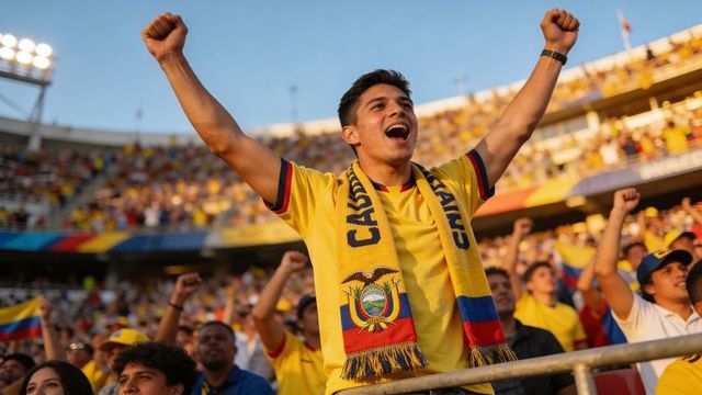Cheering hispanic soccer fan raising arms in yellow jersey and ecuador scarf