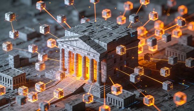 Neoclassical bank building connecting to blockchain network of glowing data cubes