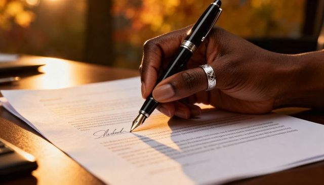 Signing legal contract with black fountain pen on wooden desk in warm golden light
