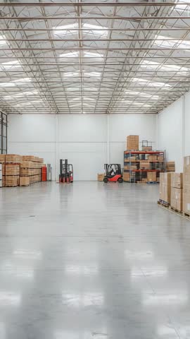 Vertical warehouse video showing parked forklifts, stacked pallets and tall racking