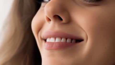 Smiling Woman Shifting Head While Camera Moving Closer Showing Upper Teeth Close-Up