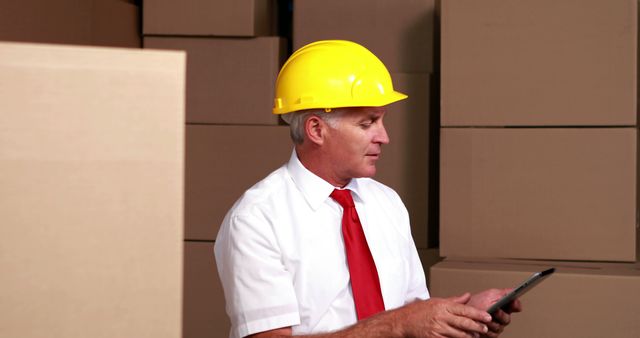 Manager in Hard Hat Checking Inventory on Digital Tablet in Warehouse - Download Free Stock Images Pikwizard.com