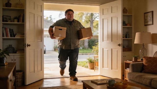 Middle-aged man carrying cardboard boxes through open double doors into living room