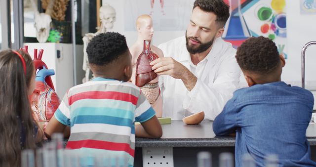 Teacher with model of human organs explaining anatomy to diverse group of children in classroom. Ideal for use in educational materials, science websites, school promotional brochures, and articles on engaging science education.