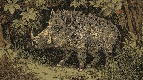 Wild Boar Stands in Sunlit Forest Clearing