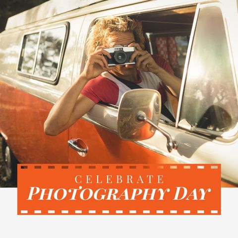 explore creativity with a youthful man inside a vintage motorhome peering through a camera, celebrating photography day. perfect for themes of travel, exploration, art, and technology. ideal for promotions, articles, and social media posts highlighting photography, adventures, and nostalgic travel. captures spirit of excitement and creative expression during picturesque journey.