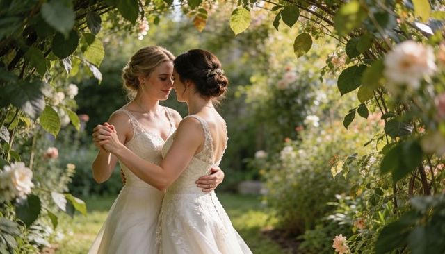 Two brides embracing under floral arch in sunlit garden holding hands during golden hour