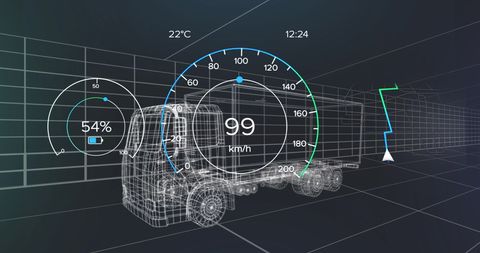 digital dashboard over electric truck blueprint highlighting speed and efficiency - Download Free Stock Images Pikwizard.com