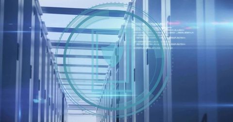 Futuristic data center aisle with HUD overlay, server racks and blue telemetry graphics