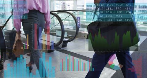 Business Professionals with Luggage on Escalator Against Digital Financial Graphs