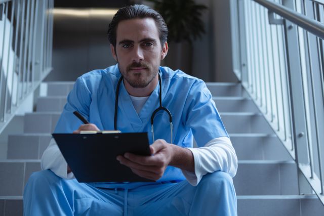 Front view of male surgeon writing on clipboard while sitting on stairs at hospital