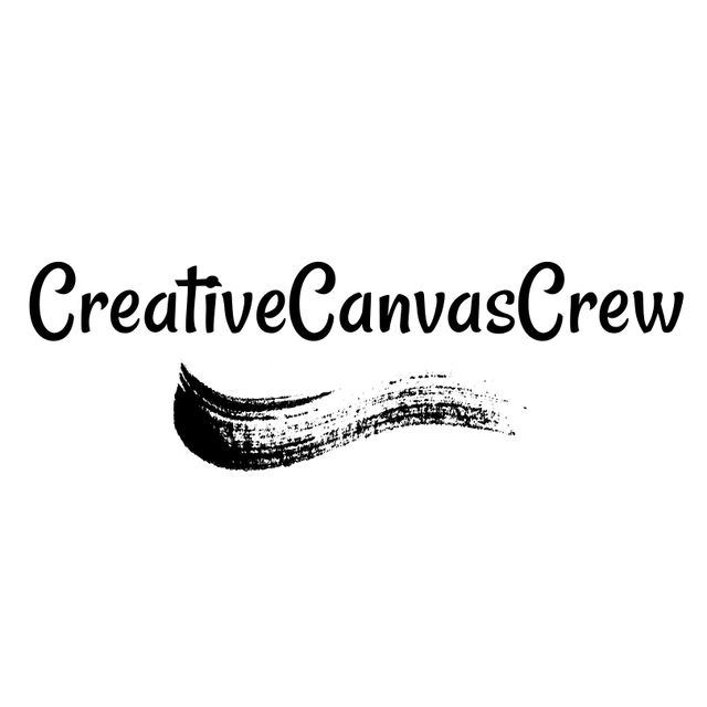 This black and white logo features the text 'CreativeCanvasCrew' with an artistic black paint stroke. Suitable for branding, marketing materials and creating a strong visual identity for art-focused businesses, creative agencies, or artistic projects. It is designed to convey creativity and craftsmanship, making it perfect for use in logos, business cards, and promotional materials.