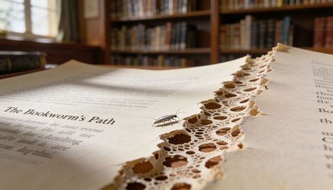 Silverfish leaving lace-like trail through antique book pages in library close-up