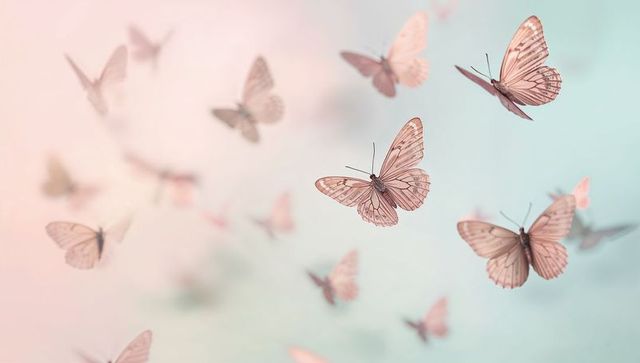 Blush butterflies fluttering over soft pastel gradient backdrop with dreamy bokeh