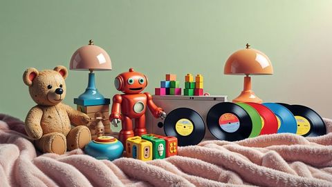 Vintage toy collection display on soft draped fabric