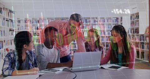 Instructor pointing and guiding students at laptop while analyzing data overlay in library
