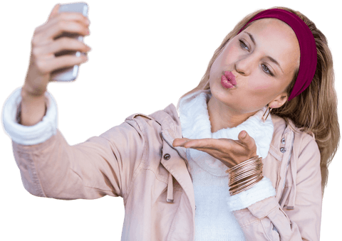 Transparent Woman Blowing Kiss Taking a Selfie with Smartphone