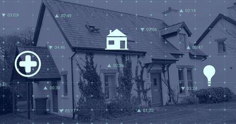 Smart home with digital financial overlay appears futuristic